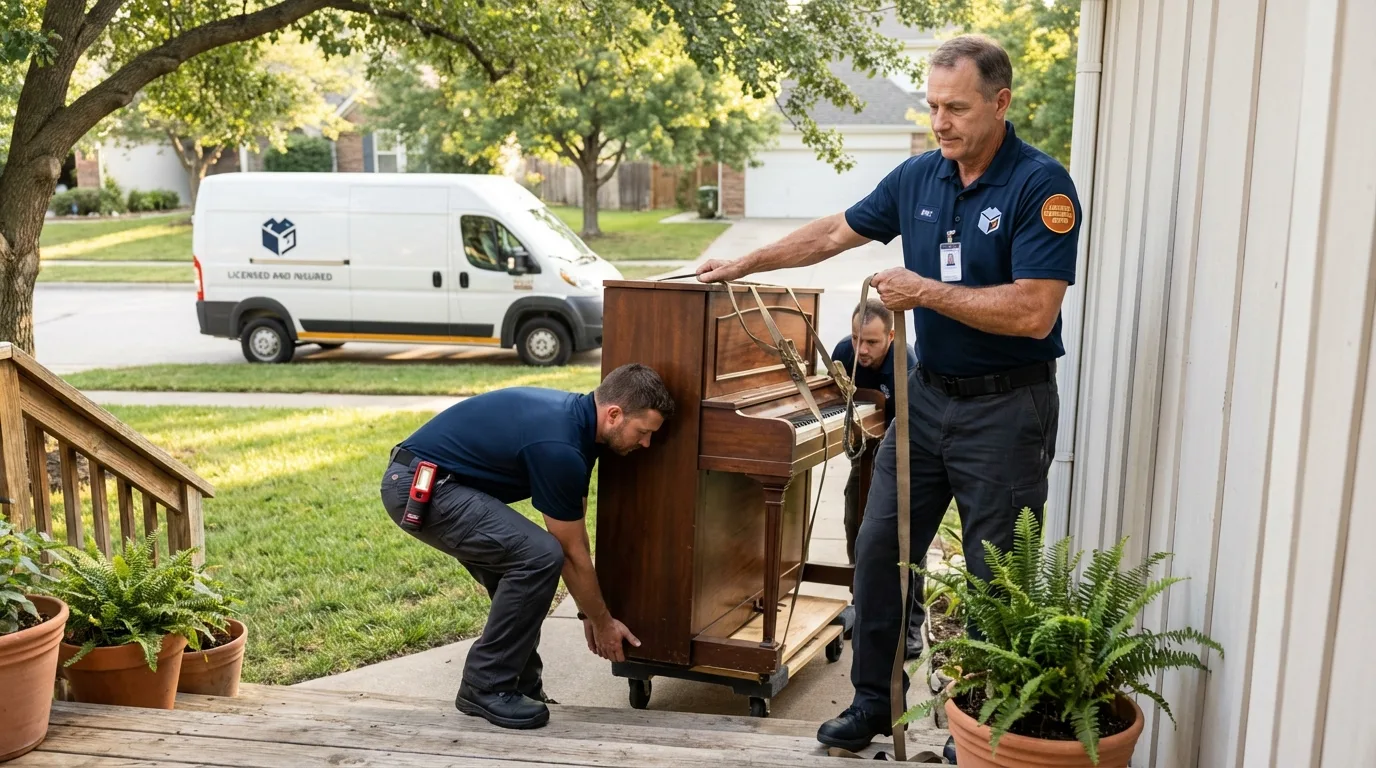 Licensed piano movers securing grand piano in Excelsior Springs, MO