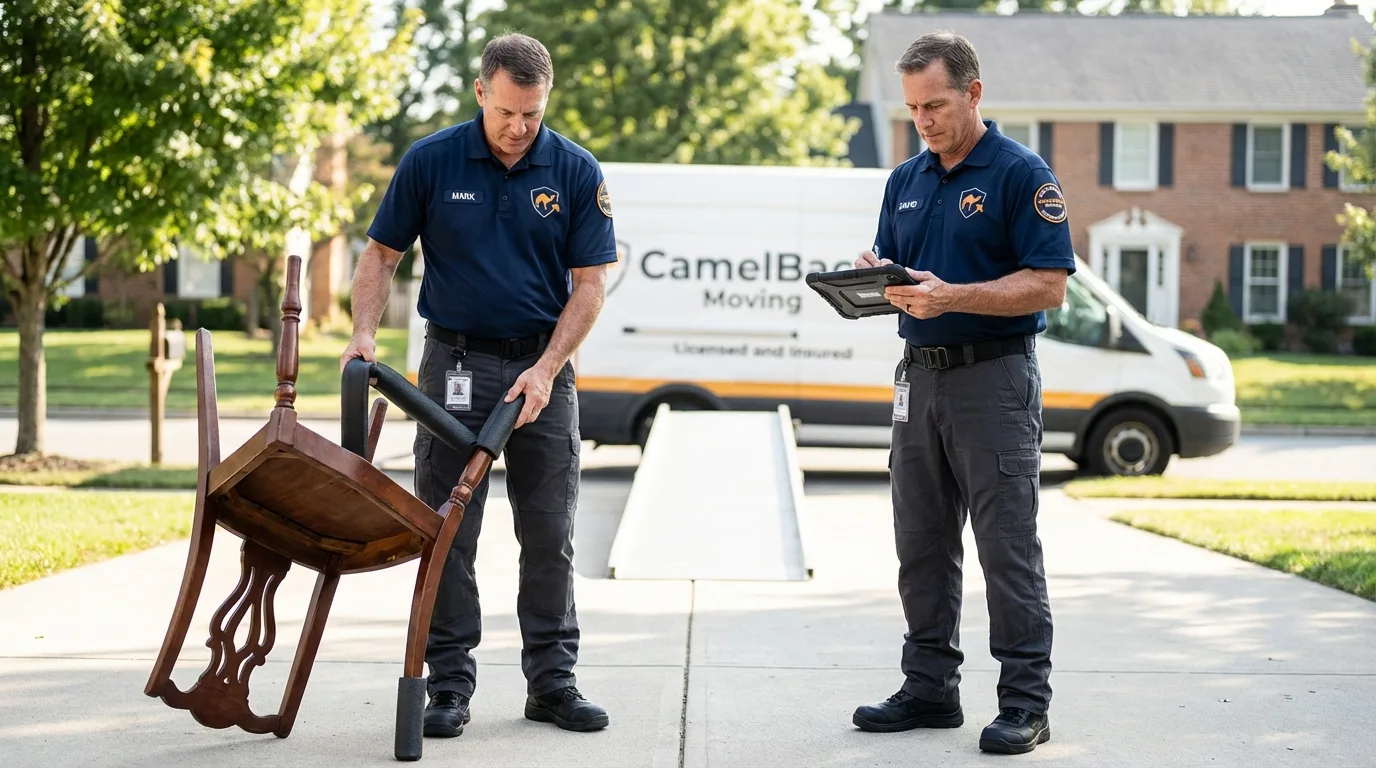 Movers inspecting furniture for damage prevention before loading in Excelsior Springs, MO