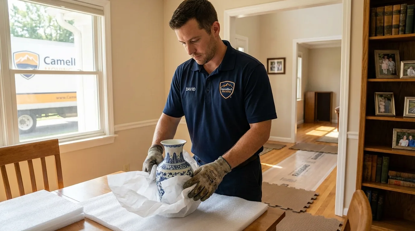 Professional crew carefully wrapping antique vase for senior downsizing move in Excelsior Springs, MO